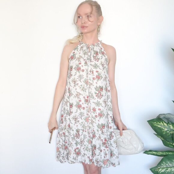 Max Studio White Floral Halter Knee Length Midi Dress With Ruffle Hem Size XS - Picture 2 of 14